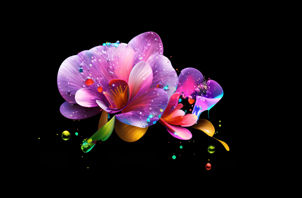 Colorful Neon Flower Illustration on Black Background