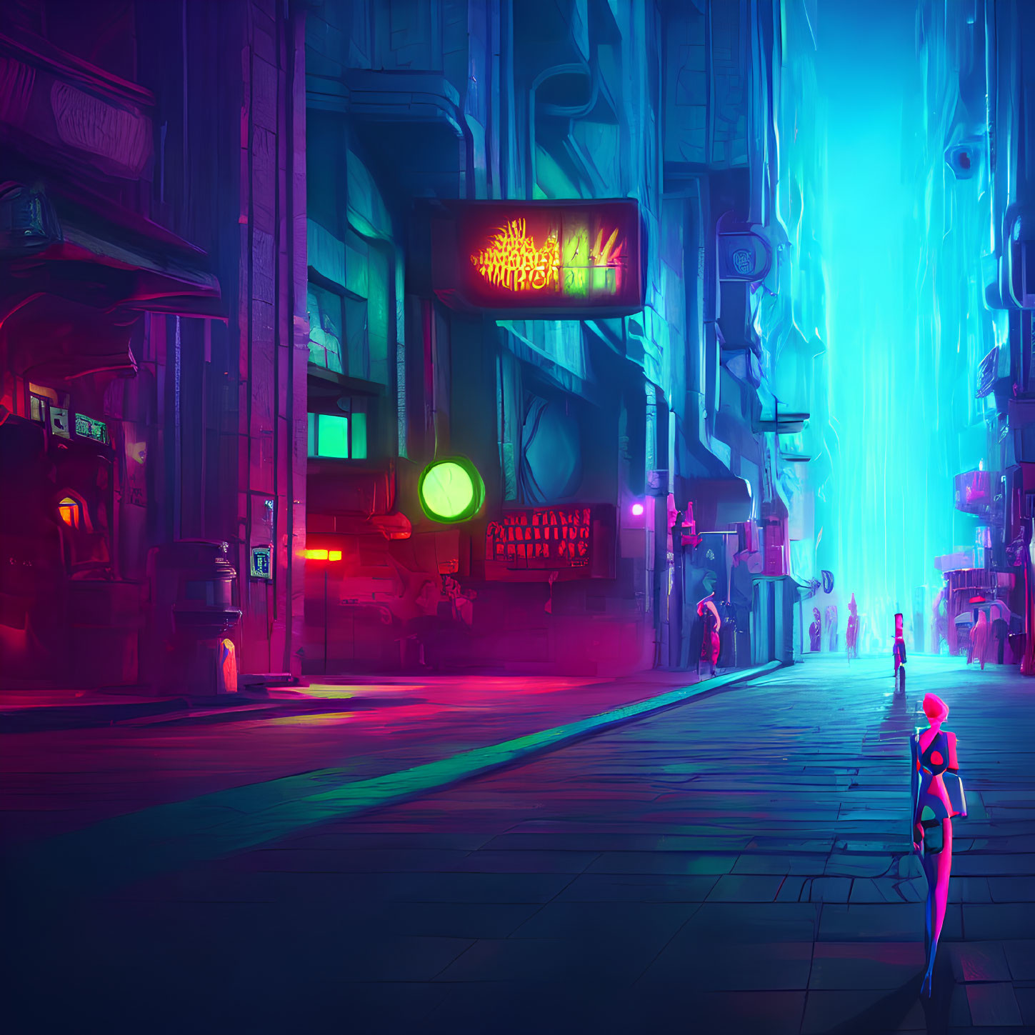 Futuristic cyberpunk cityscape with neon signs and lone figure