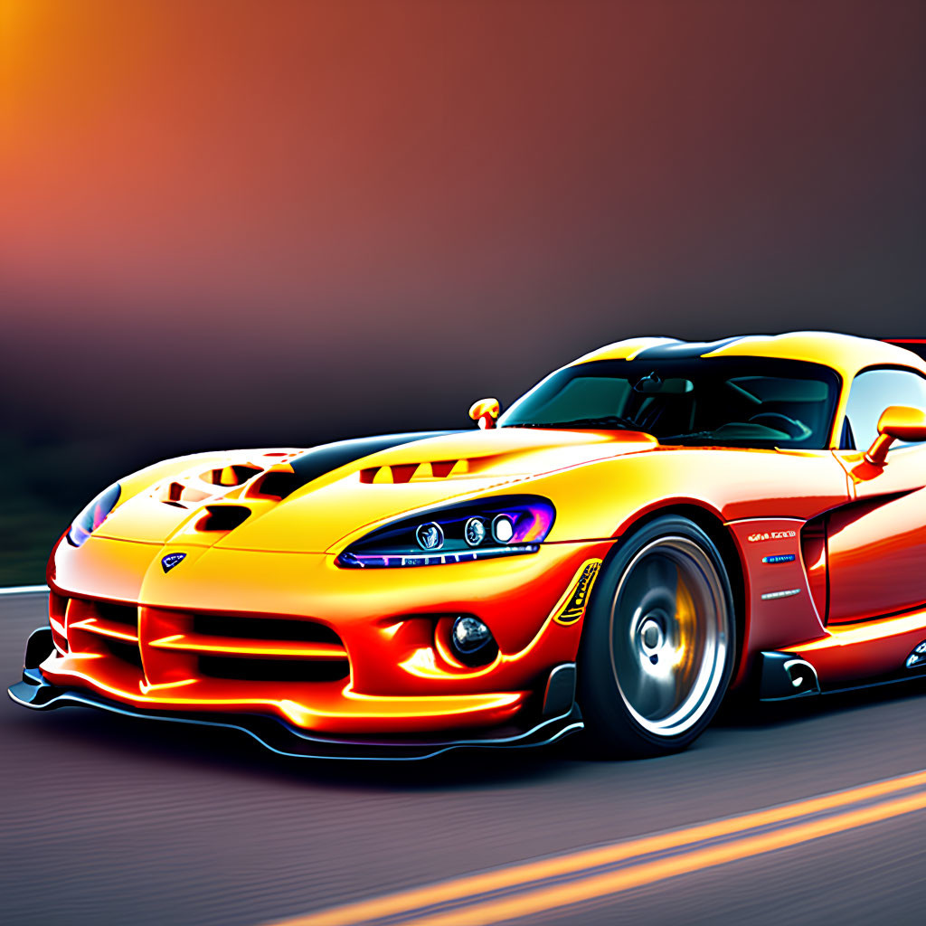 Vibrant red and yellow sports car illustration racing at sunset