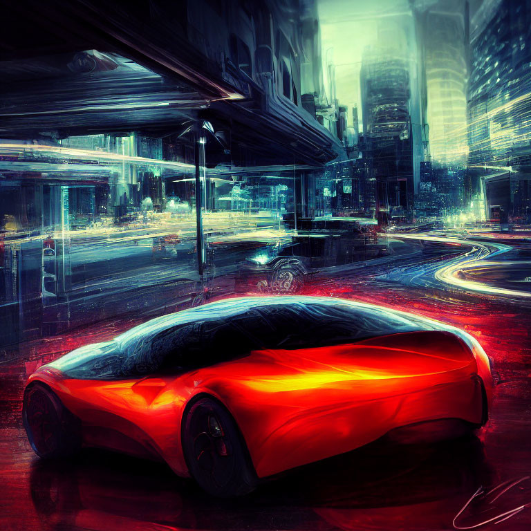 Futuristic red car on rainy city street with neon-lit skyscrapers