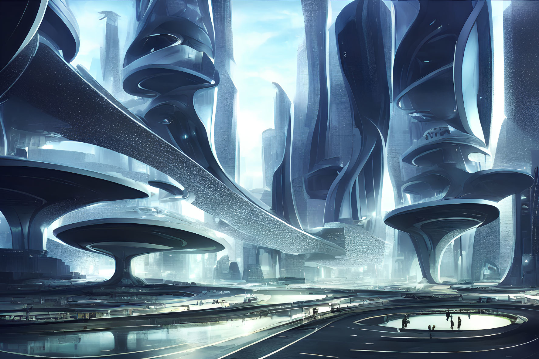 Futuristic cityscape with towering structures and tiny figures in blueish light