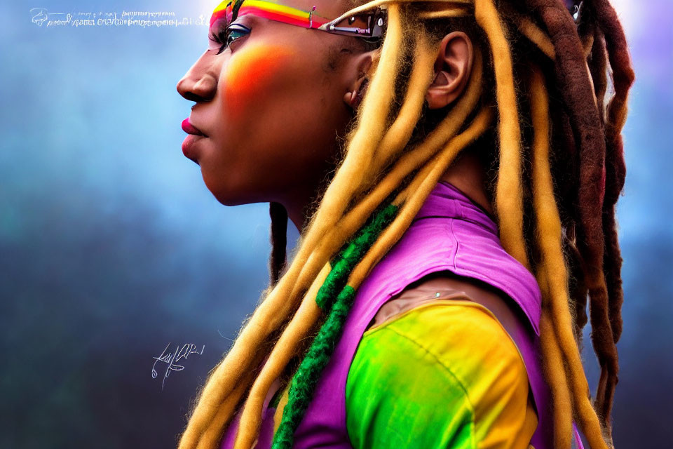 Colorful face paint and dreadlocks on person in vibrant image