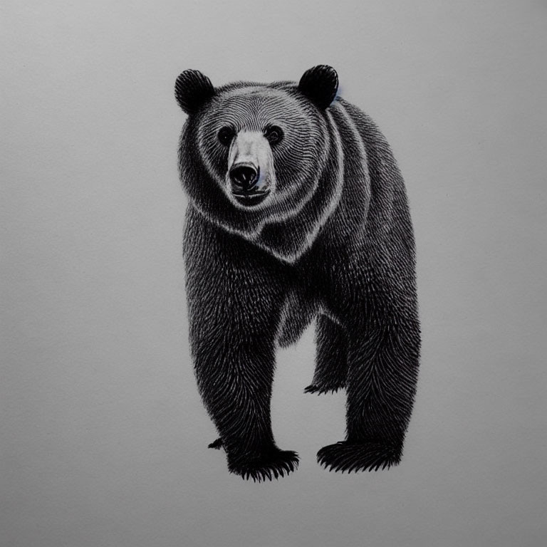 Detailed Black and White Standing Bear Illustration on Grey Background