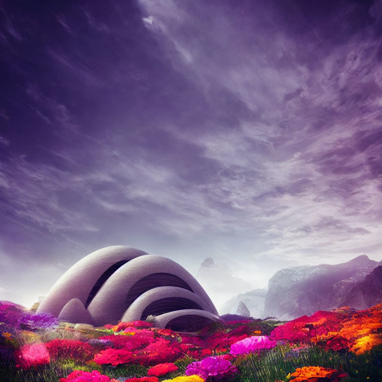 Futuristic domed structures in vibrant flower field under purple sky