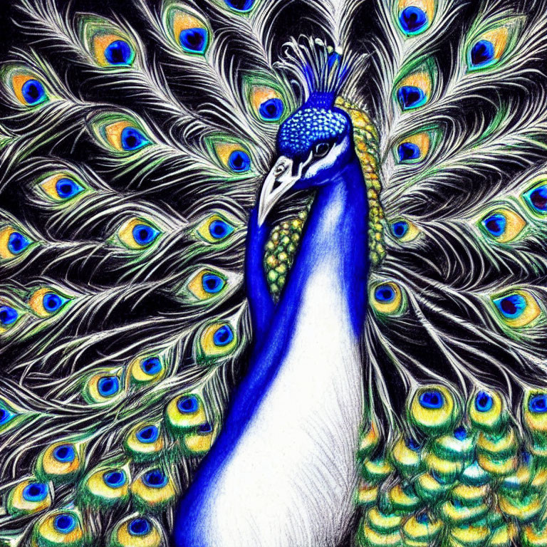 Detailed drawing of a vibrant peacock with elaborate blue and green feathers.