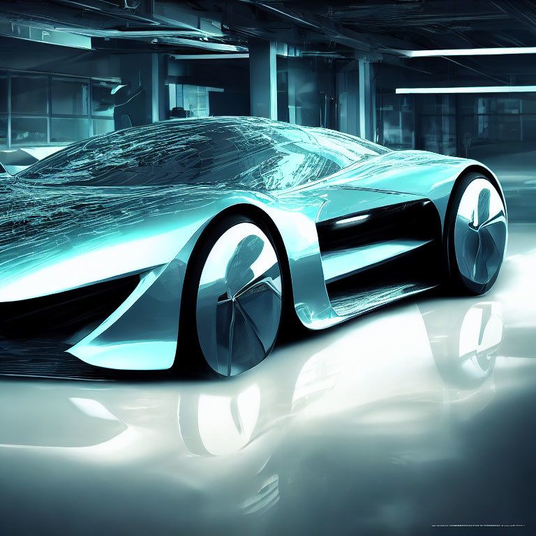 Futuristic Concept Car with Sleek Design in Underground Garage