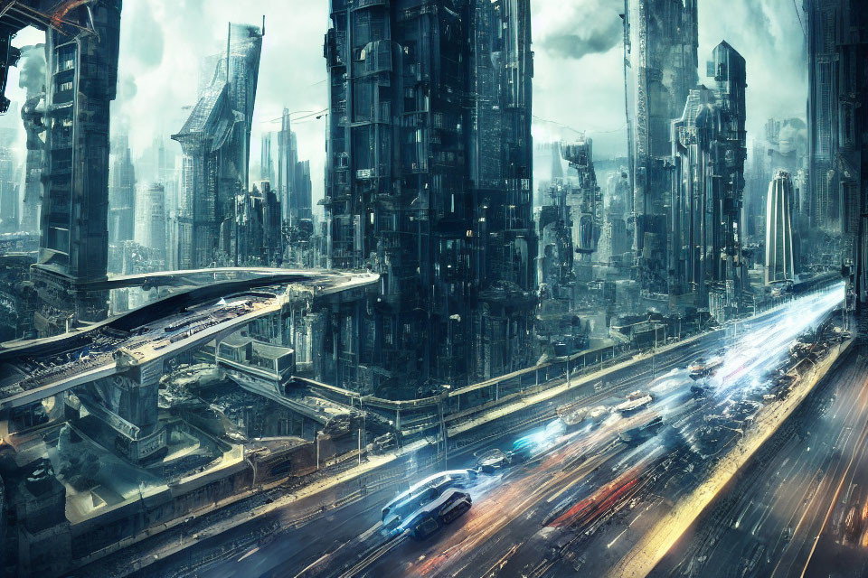 Futuristic cityscape with skyscrapers, flying vehicles, and light streaks under gloomy