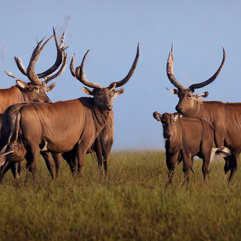 Spiral-Horned Antelopes in Grass Field with Blue Sky