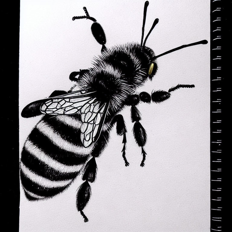 Detailed Black and White Bee Drawing on Sketchbook Page