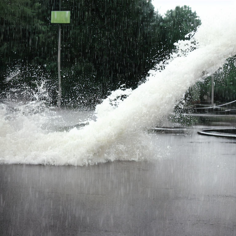 Dynamic water burst on urban street during heavy rain