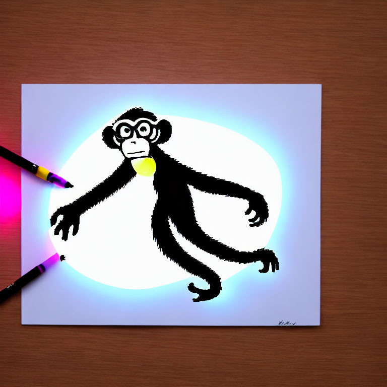 Cartoon monkey drawing with exaggerated expression on white paper, illuminated by light circle, colored pencils nearby