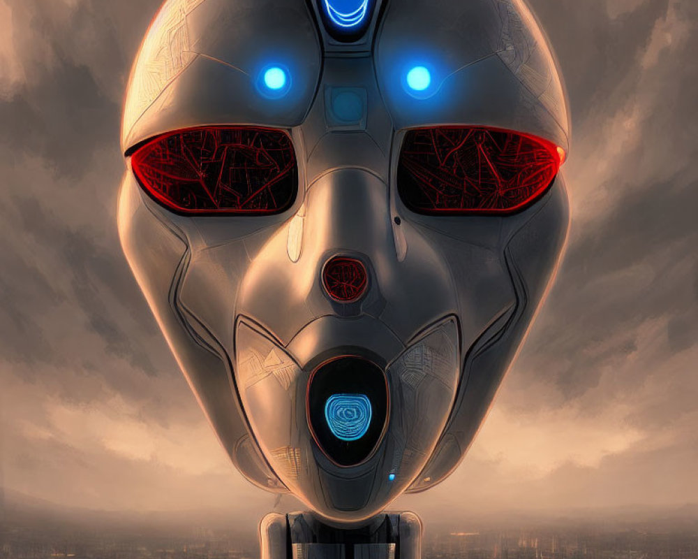 Detailed Robot Head with Glowing Red Eyes in Dystopian Skyline