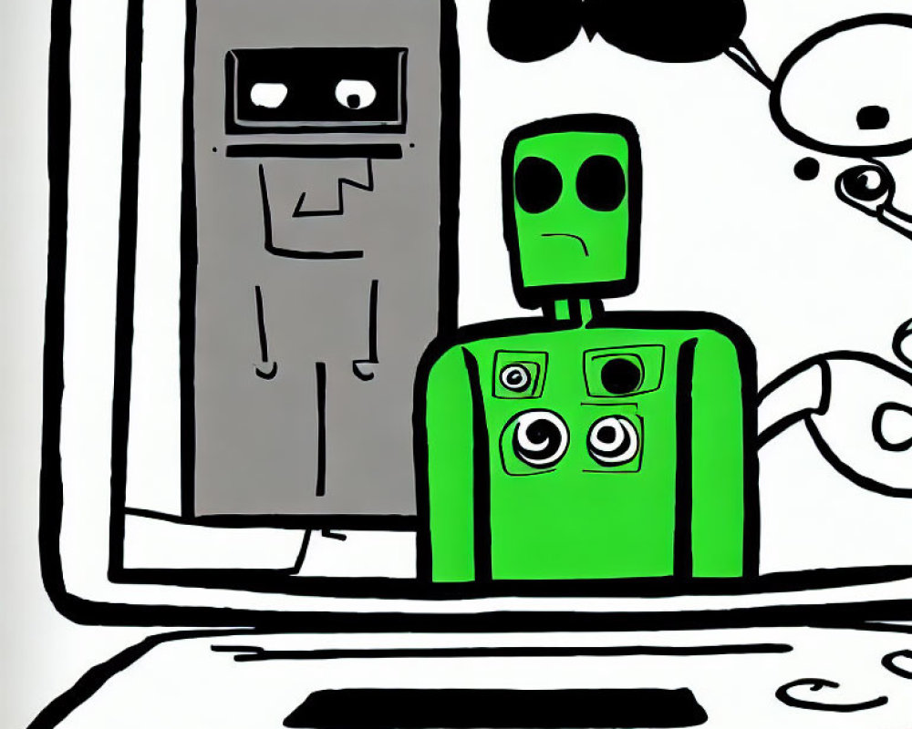 Green robot cartoon with surprised expression and unhappy reflection.