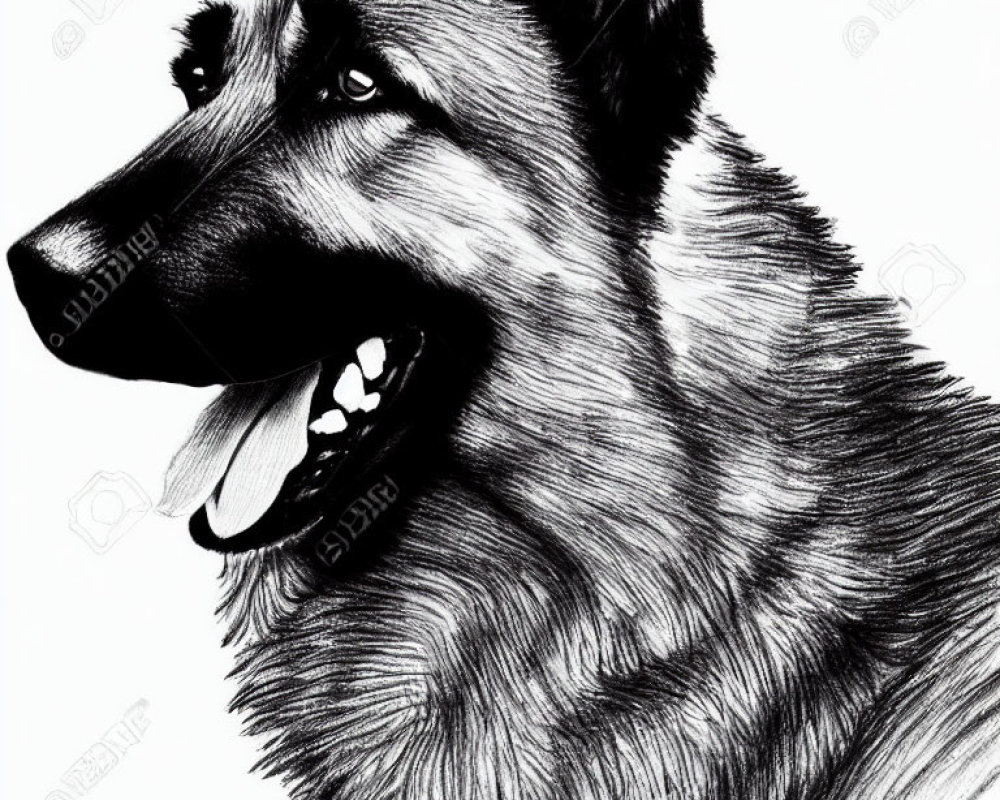 Detailed Black and White German Shepherd Dog Sketch with Sharp Eyes and Open Mouth