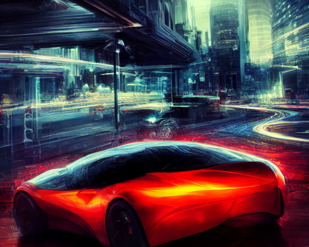 Futuristic red car on rainy city street with neon-lit skyscrapers