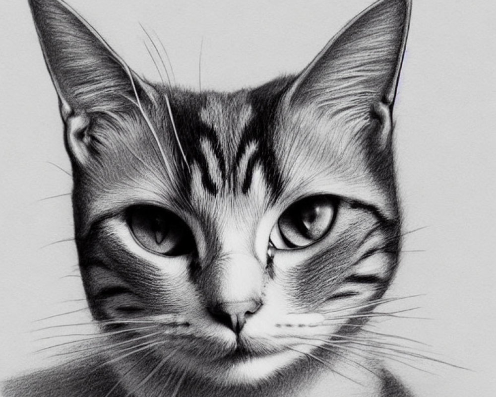 Detailed pencil sketch of a cat with striking eyes, pointed ears, and subtle smile