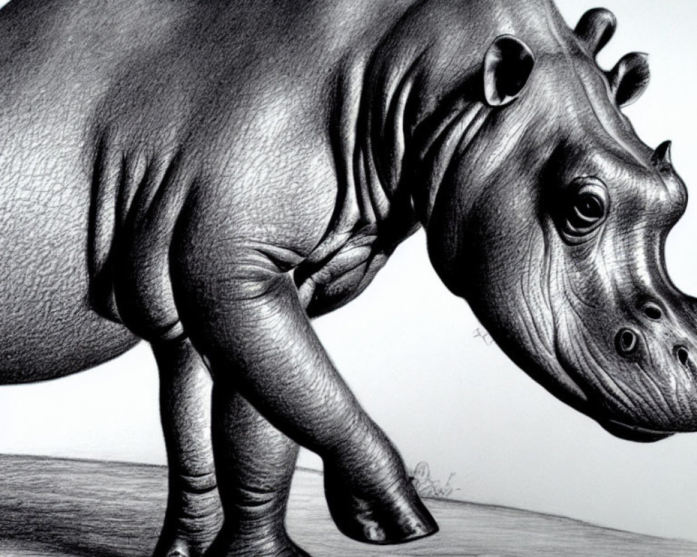 Realistic pencil drawing of a walking hippopotamus with textured skin and shaded contours