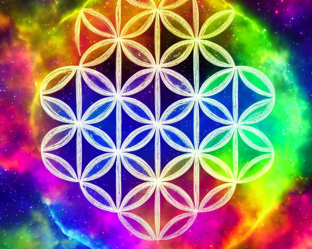 Colorful Flower of Life Sacred Geometry Pattern on Nebula Background