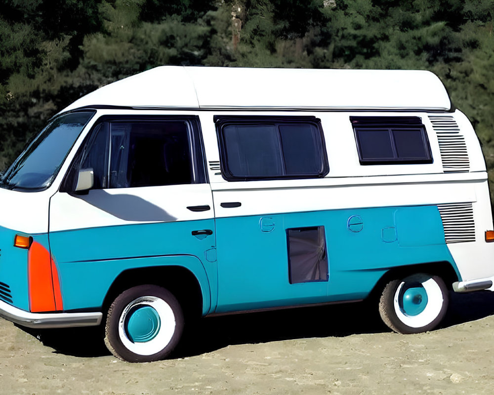 Blue and White Volkswagen Camper Van Outdoors with Natural Backdrop