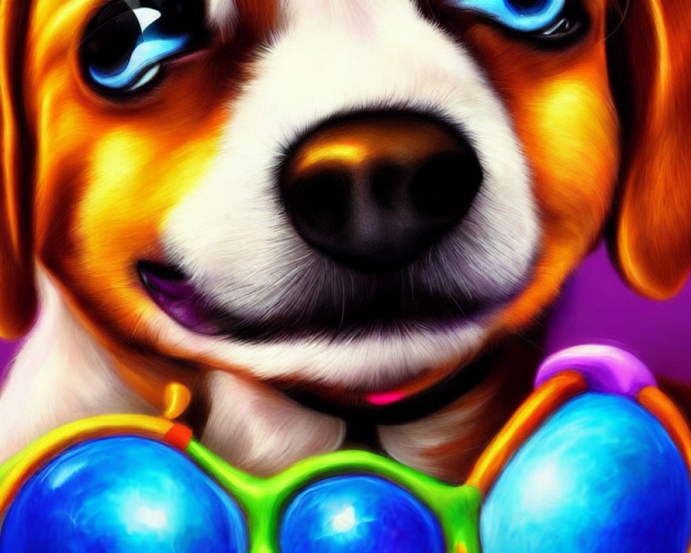 Vibrant dog artwork with expressive eyes and blue toy on purple background