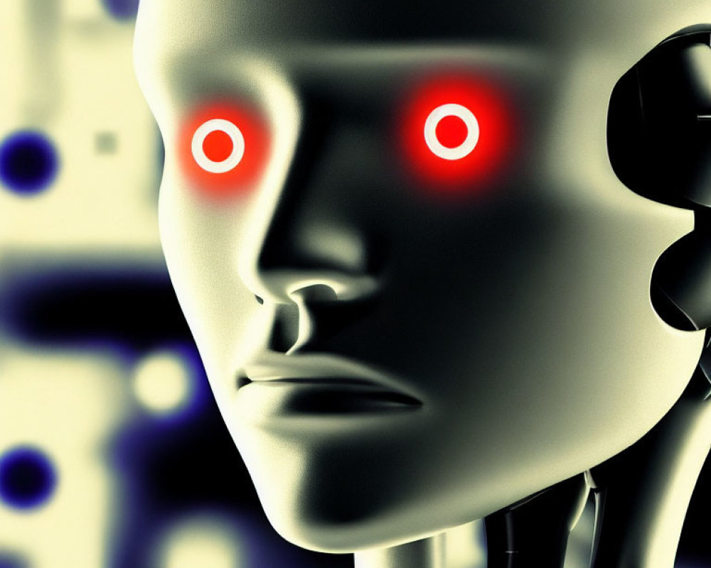 Detailed View: Humanoid Robot Face with Glowing Red Eyes on Blue Light Background