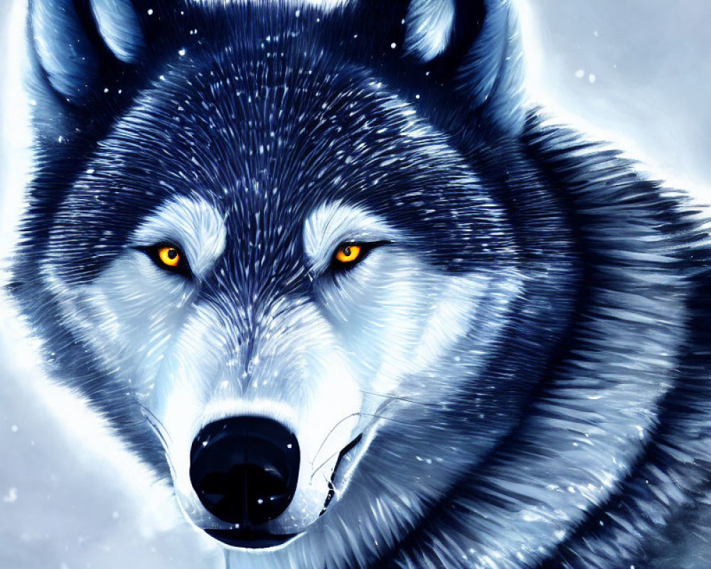 Blue-Toned Wolf with Yellow Eyes and Snowflake in Snowy Scene