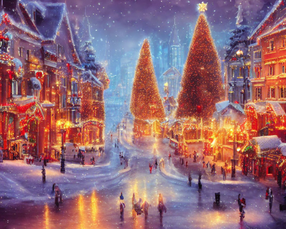 Snow-covered city streets with festive decorations and glowing lights, people and Christmas trees.