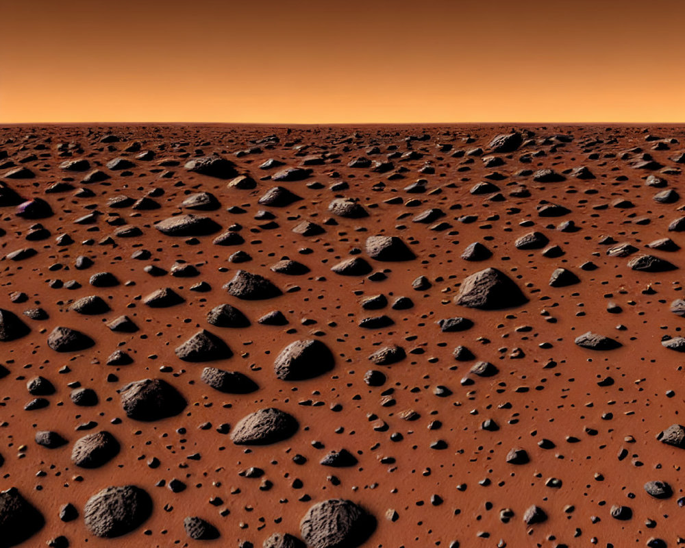 Martian landscape with orange sky and rocky terrain