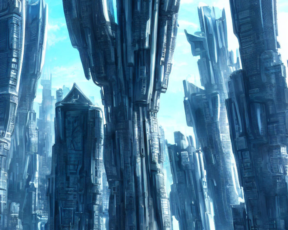 Futuristic cityscape with towering skyscrapers under blue sky