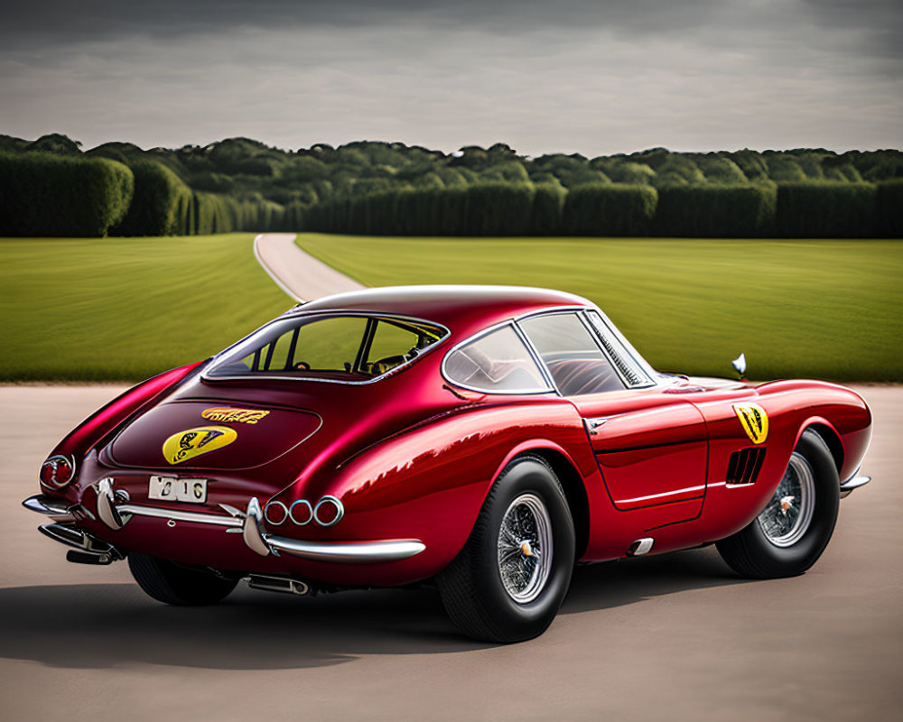 Red sports car with yellow badge on racetrack, sleek design, circular rear windows