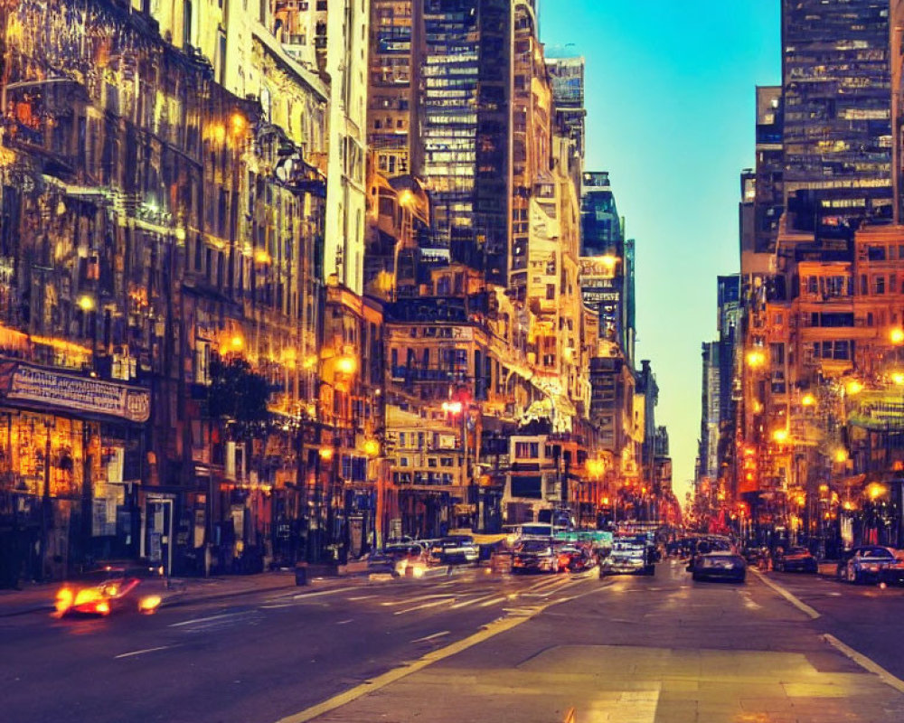 Cityscape with illuminated buildings and busy traffic at twilight