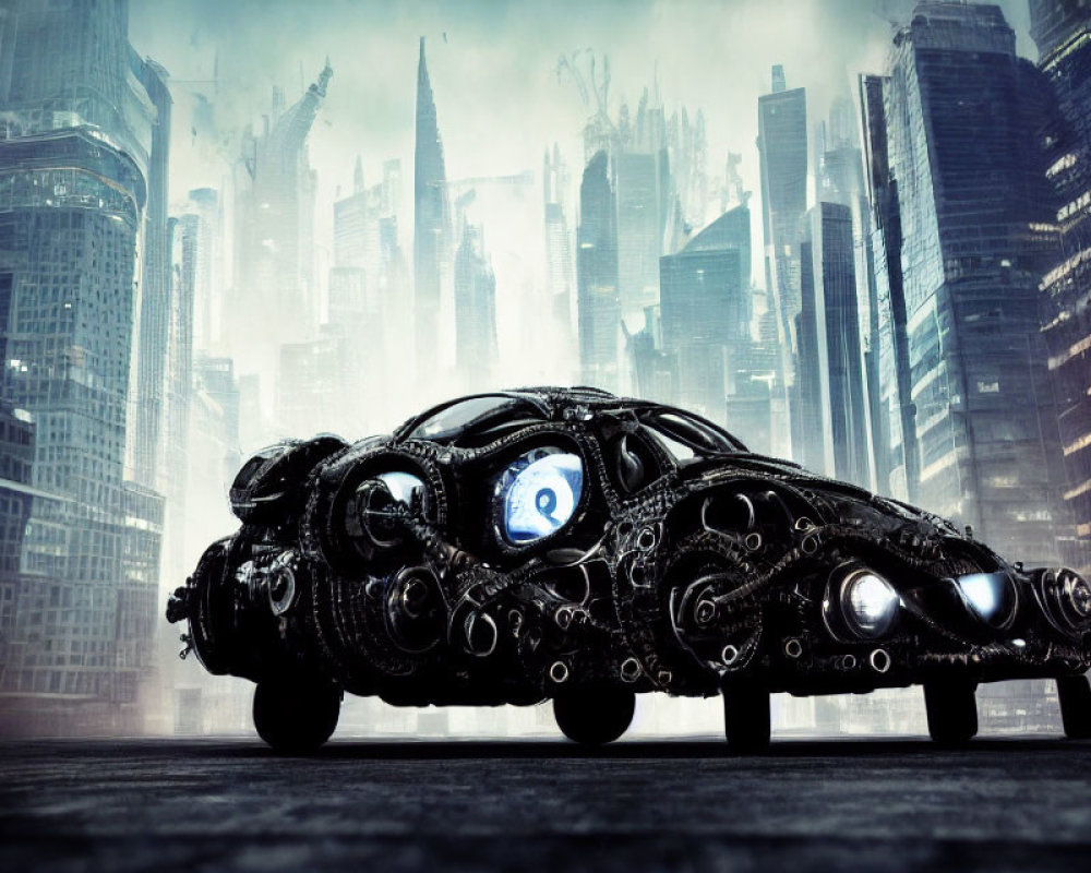 Futuristic black car with intricate mechanical designs in front of foggy cityscape