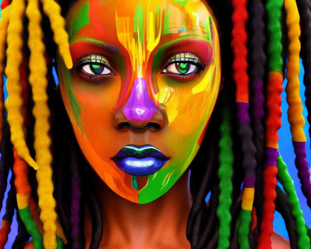 Colorful digital portrait of a person with rainbow dreadlocks and face paint on blue backdrop