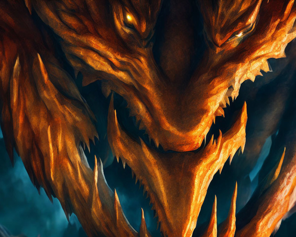 Fiery orange dragon with glowing eyes and sharp scales