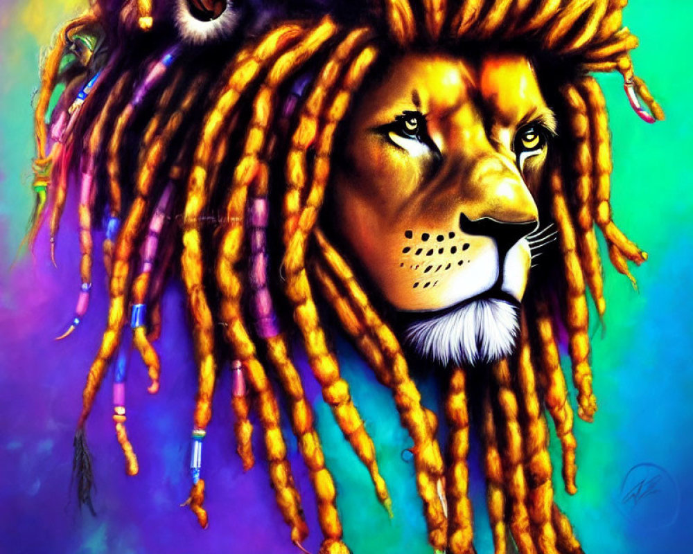 Colorful Lion Illustration with Reggae-Inspired Mane and Abstract Background