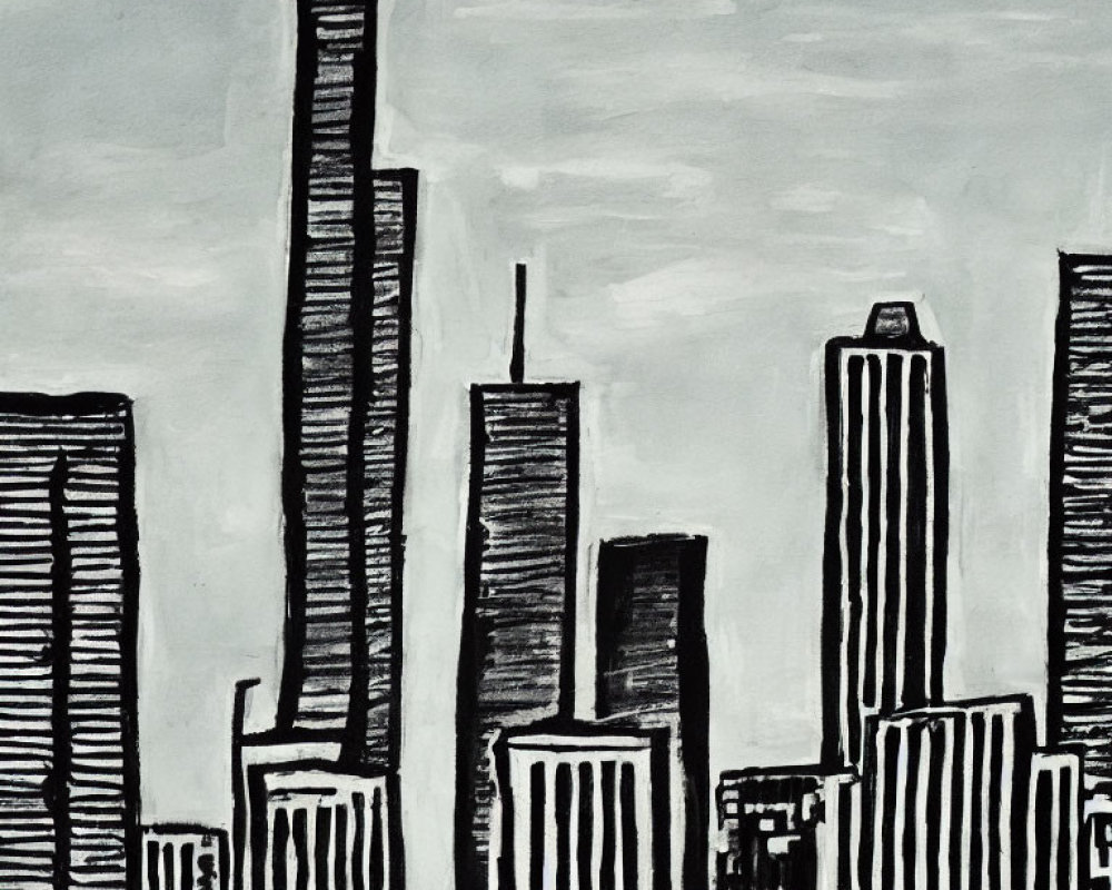 Monochrome stylized city skyline painting with tall buildings in bold black outlines