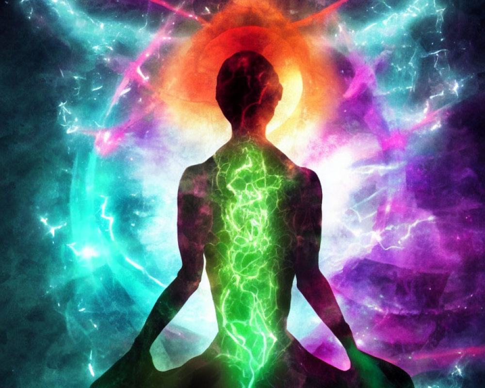 Silhouetted Figure Meditating with Colorful Nebula Patterns