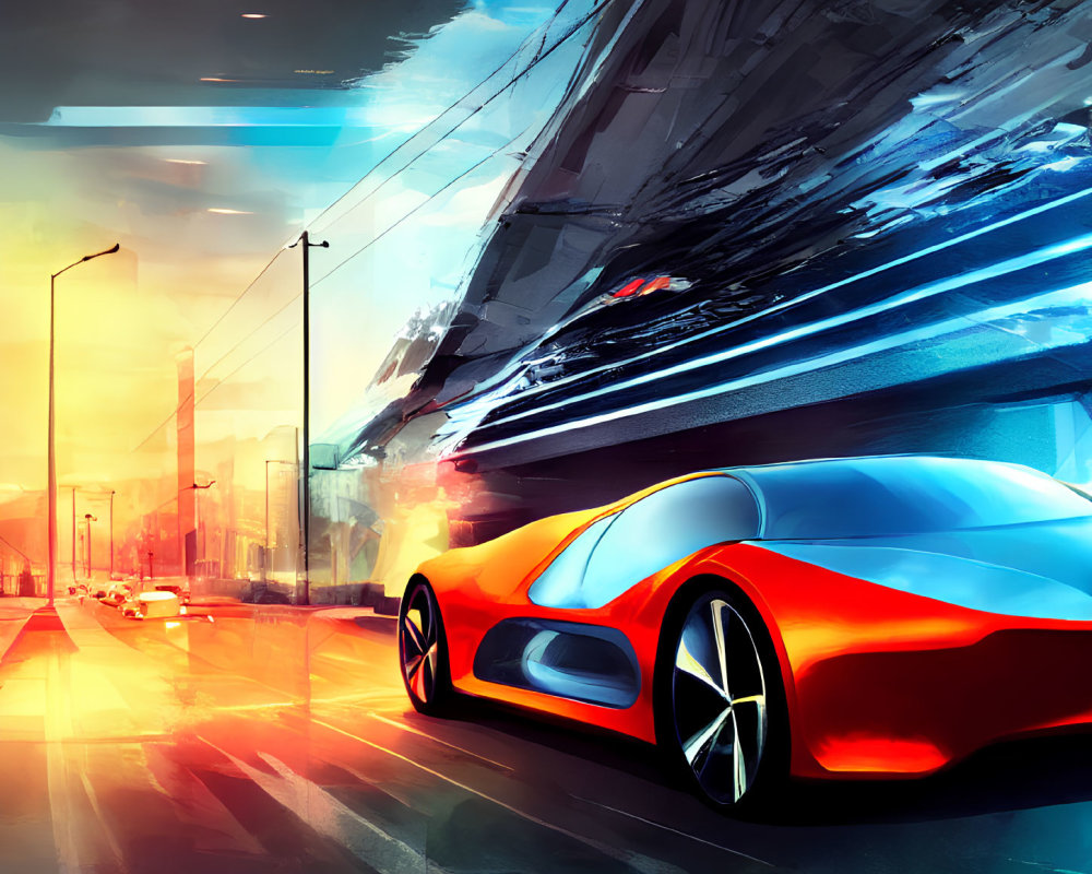 Futuristic red sports car speeding in stylized cityscape