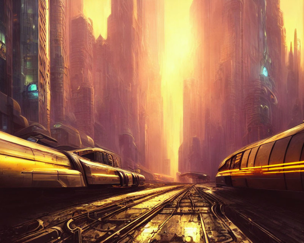 Golden-lit futuristic cityscape with towering skyscrapers and sleek trains.