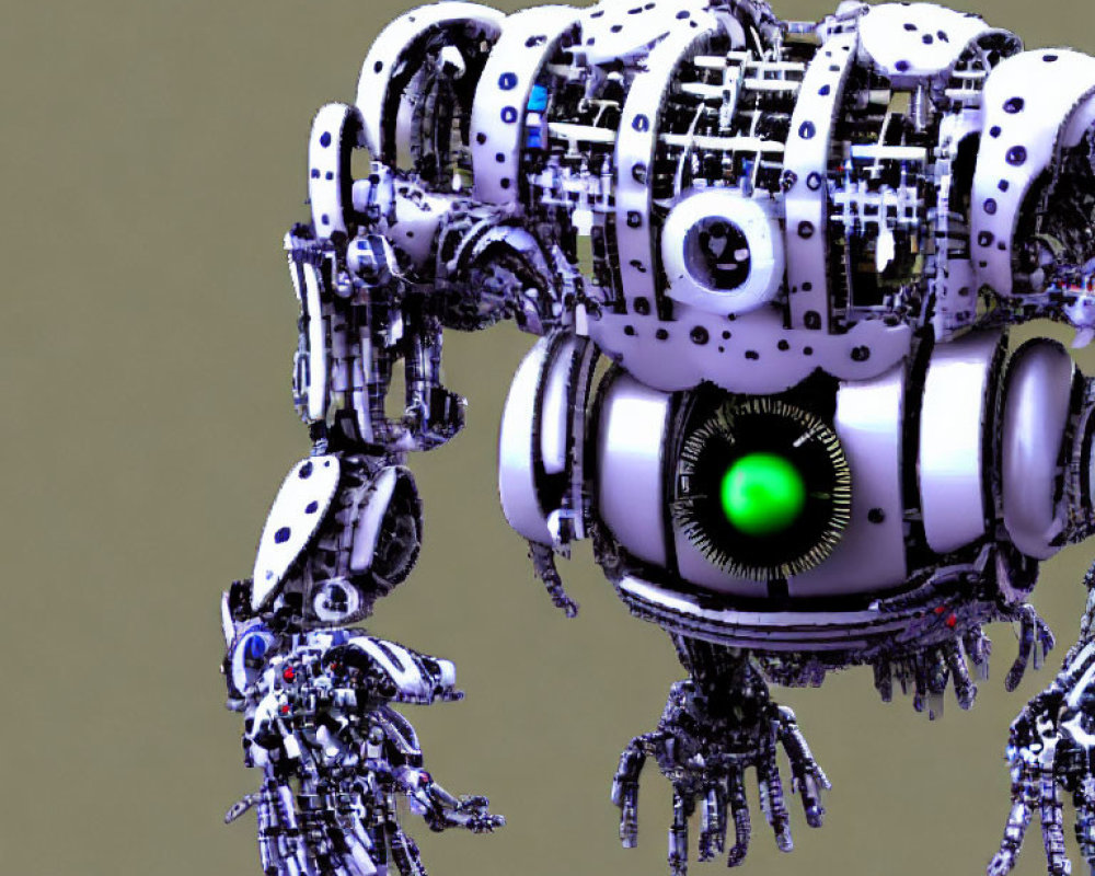 Detailed 3D Rendering of Complex Robot with Central Green Eye