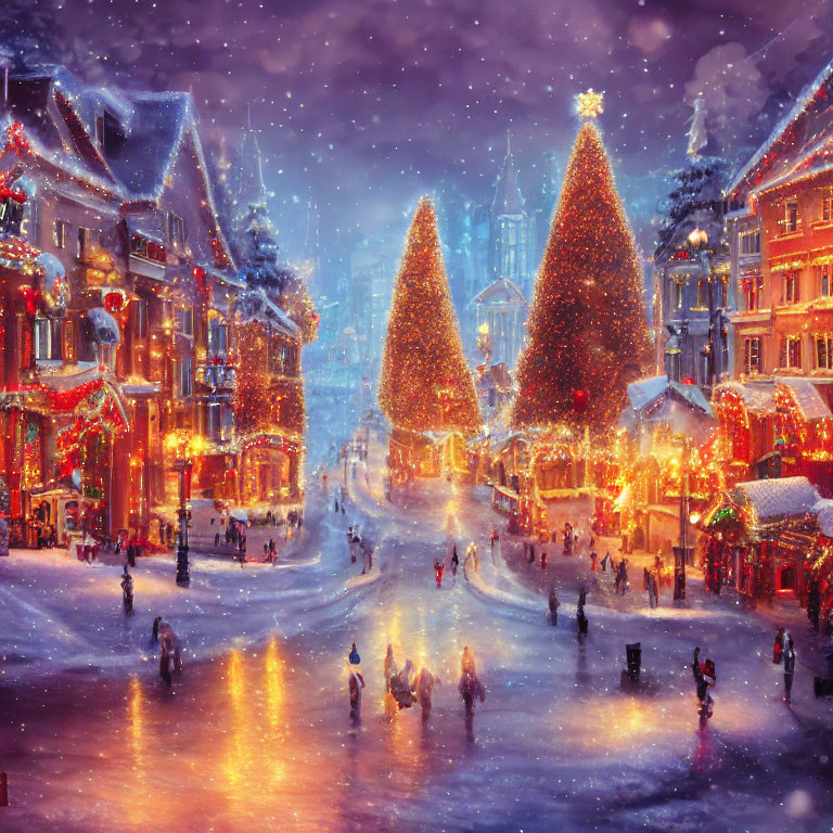 Snow-covered city streets with festive decorations and glowing lights, people and Christmas trees.