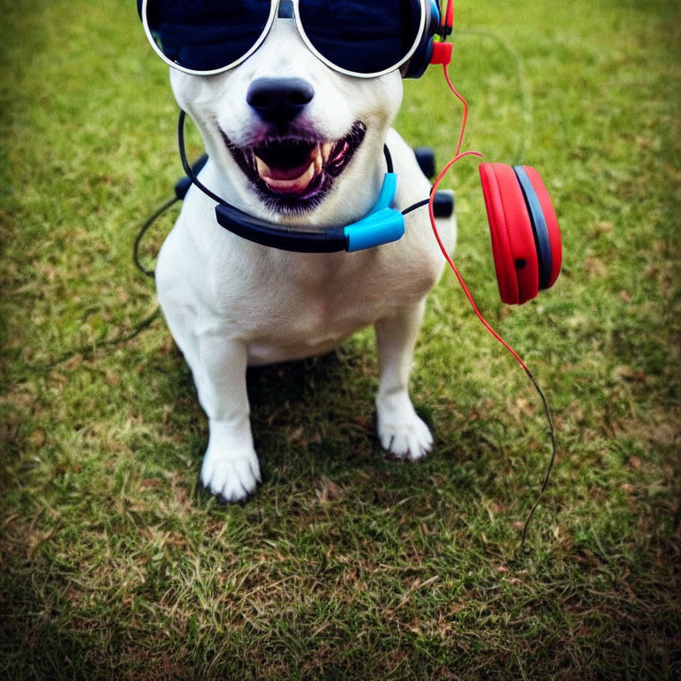 Joyful dog in sunglasses and headphones on grass singing with mouth open