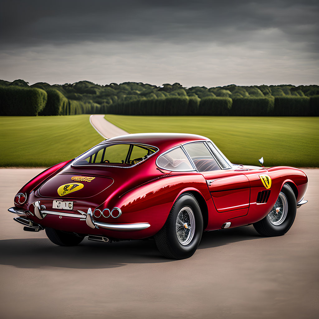 Red sports car with yellow badge on racetrack, sleek design, circular rear windows