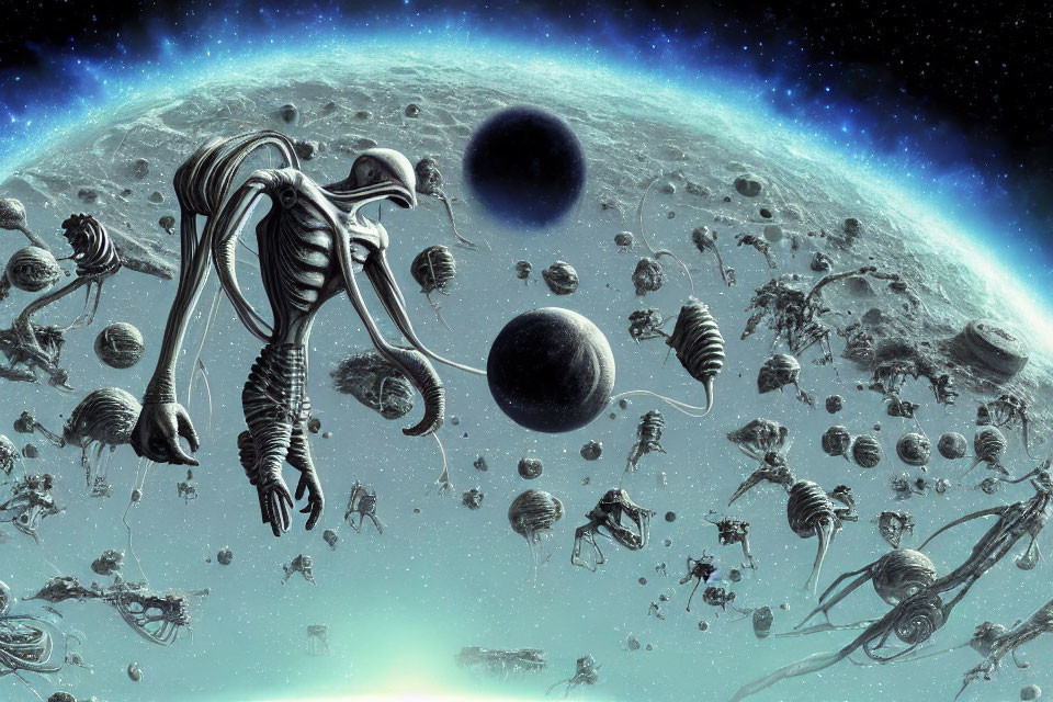 Surreal cosmic scene with skeletal alien creatures and floating rocks