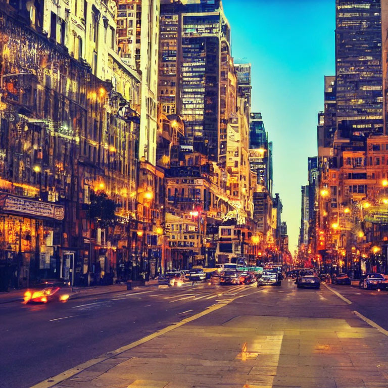 Cityscape with illuminated buildings and busy traffic at twilight