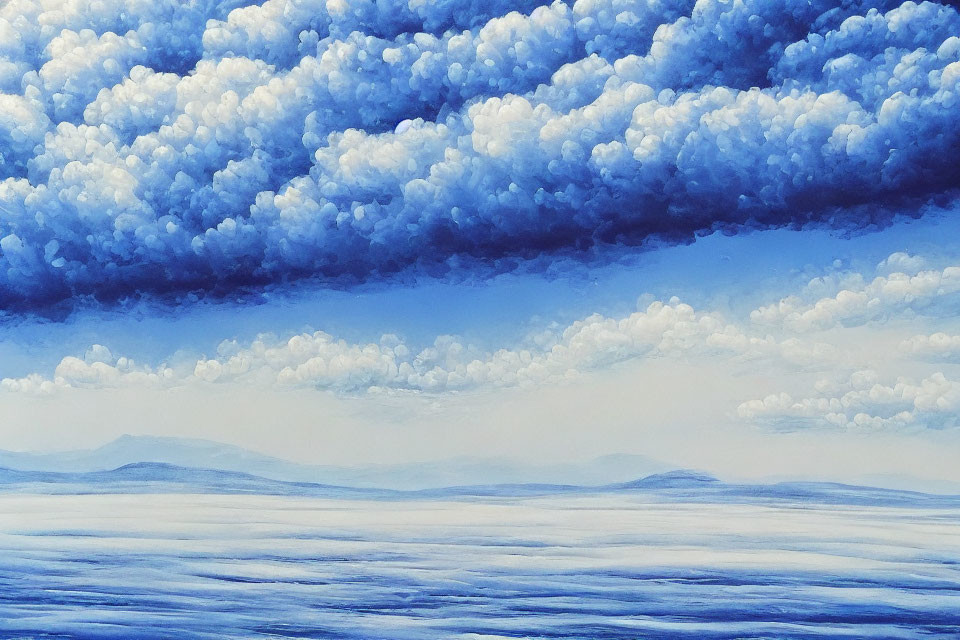 Tranquil landscape with fluffy clouds and hazy mountains