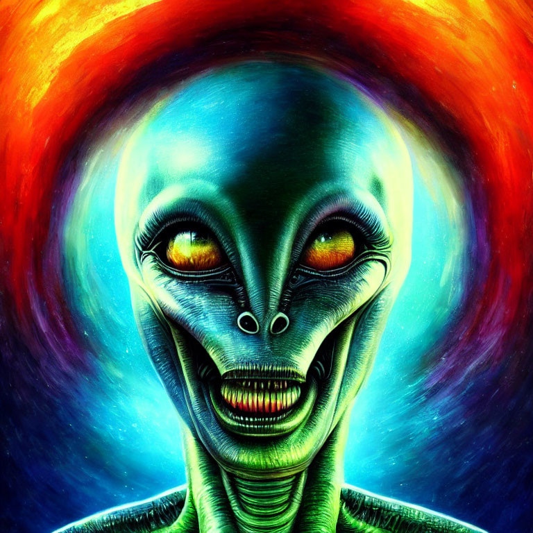 Vibrant alien portrait on colorful nebula backdrop