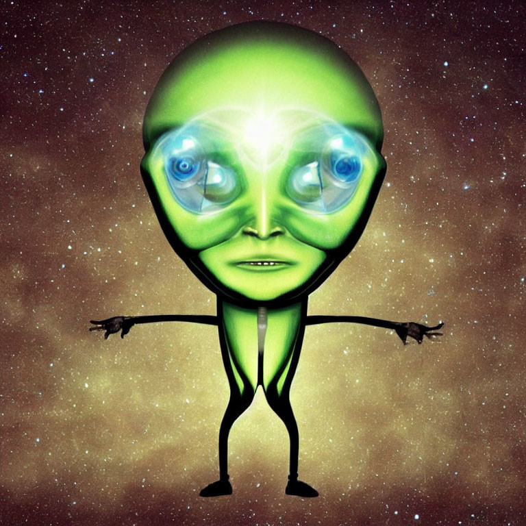 Green alien with oversized head and blue eyes in cartoon illustration