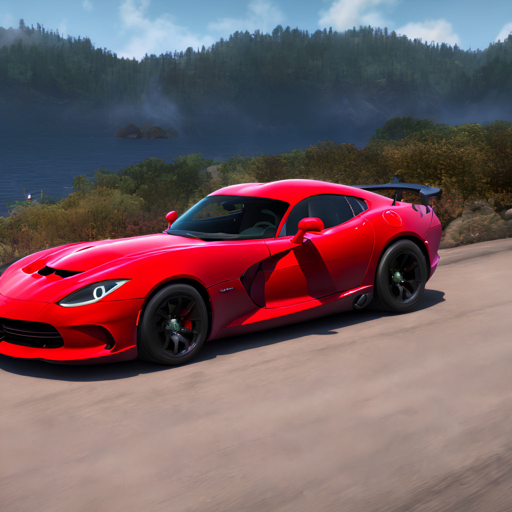 Red Sports Car with Black Details on Coastal Road in Realistic Video Game Graphics