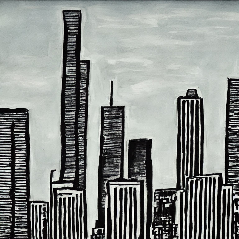 Monochrome stylized city skyline painting with tall buildings in bold black outlines